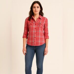 Superdry Women’s Plaid Button Up Shirt size S Red Checked 3/4 length sleeve